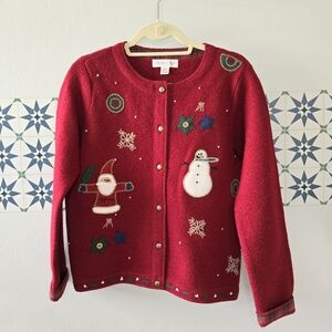 Casual Corner Vintage 100% Wool Holiday Christmas Red Jacket Sweater Women's